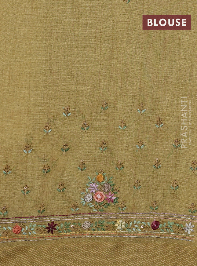 Linen cotton saree mustard shade with kantha stitch work and printed border
