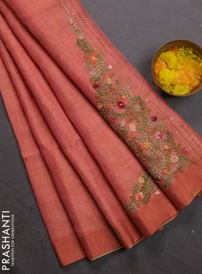 Linen cotton saree peach shade with kantha stitch work and printed border