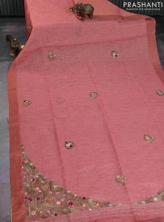 Linen cotton saree peach shade with kantha stitch work and printed border
