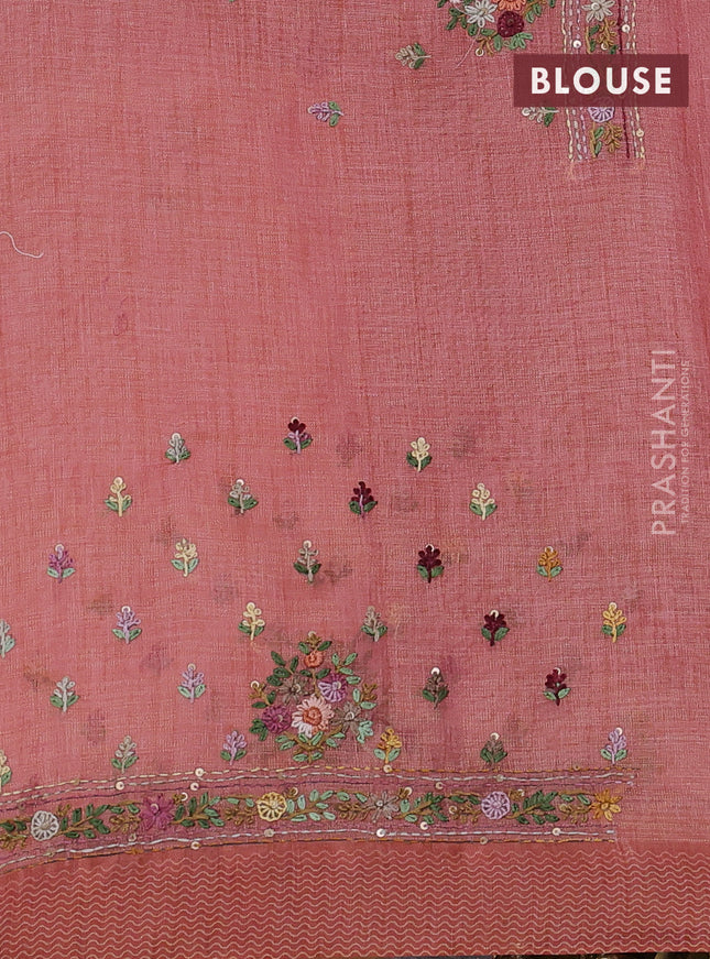 Linen cotton saree peach shade with kantha stitch work and printed border