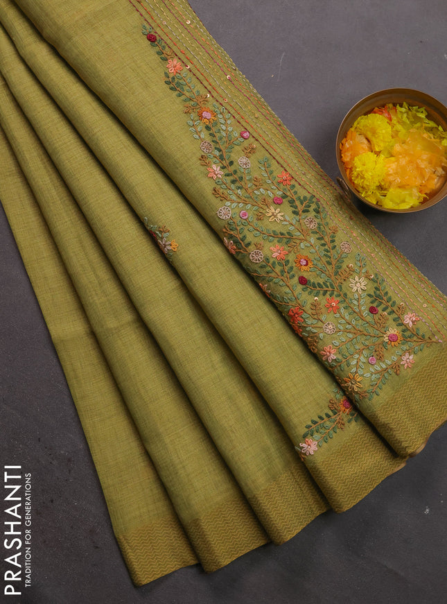Linen cotton saree light green with kantha stitch work and printed border