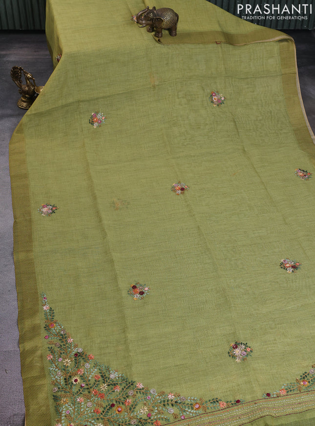 Linen cotton saree light green with kantha stitch work and printed border