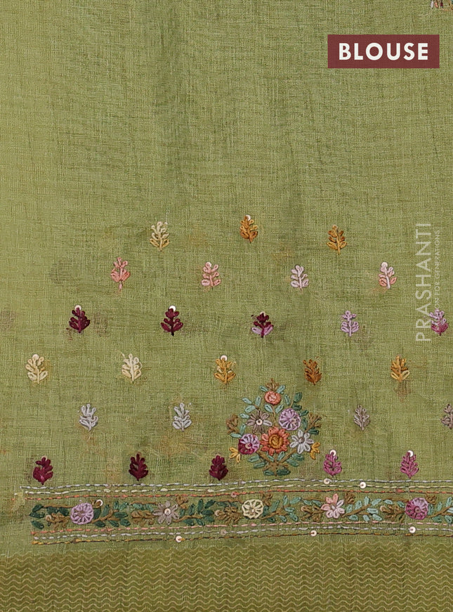 Linen cotton saree light green with kantha stitch work and printed border