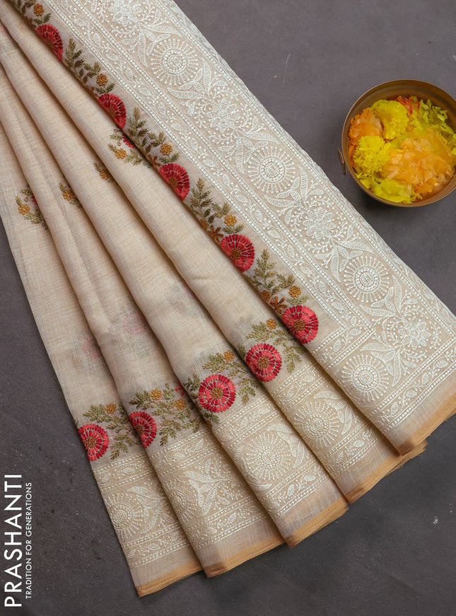 Linen cotton saree cream and maroon with kantha stitch work and embroidered border