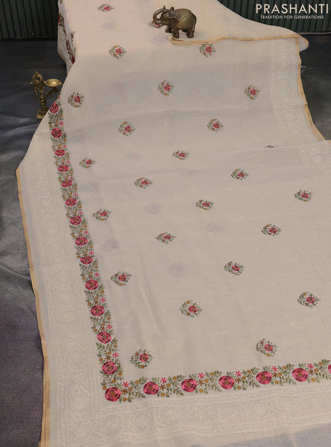 Linen cotton saree cream and maroon with kantha stitch work and embroidered border