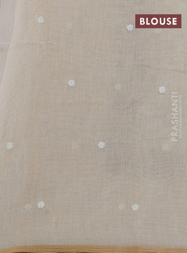 Linen cotton saree cream and maroon with kantha stitch work and embroidered border