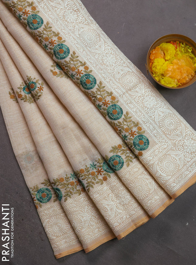 Linen cotton saree cream and teal green with kantha stitch work and embroidered border