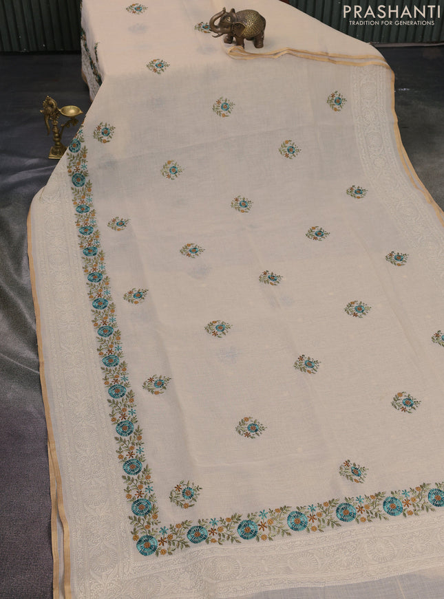 Linen cotton saree cream and teal green with kantha stitch work and embroidered border