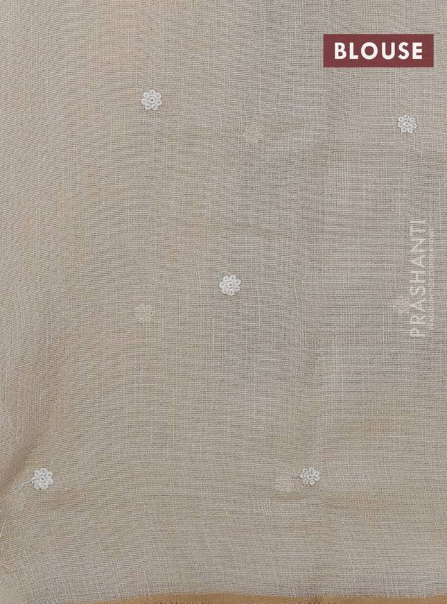 Linen cotton saree cream and teal green with kantha stitch work and embroidered border