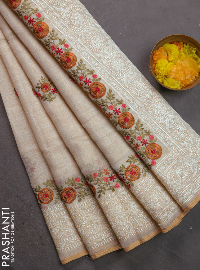 Linen cotton saree cream and rust shade with kantha stitch work and embroidered border