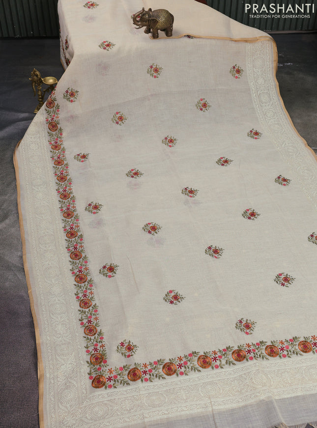 Linen cotton saree cream and rust shade with kantha stitch work and embroidered border