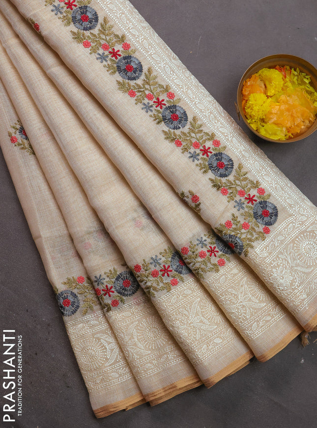 Linen cotton saree cream and grey with kantha stitch work and embroidered border