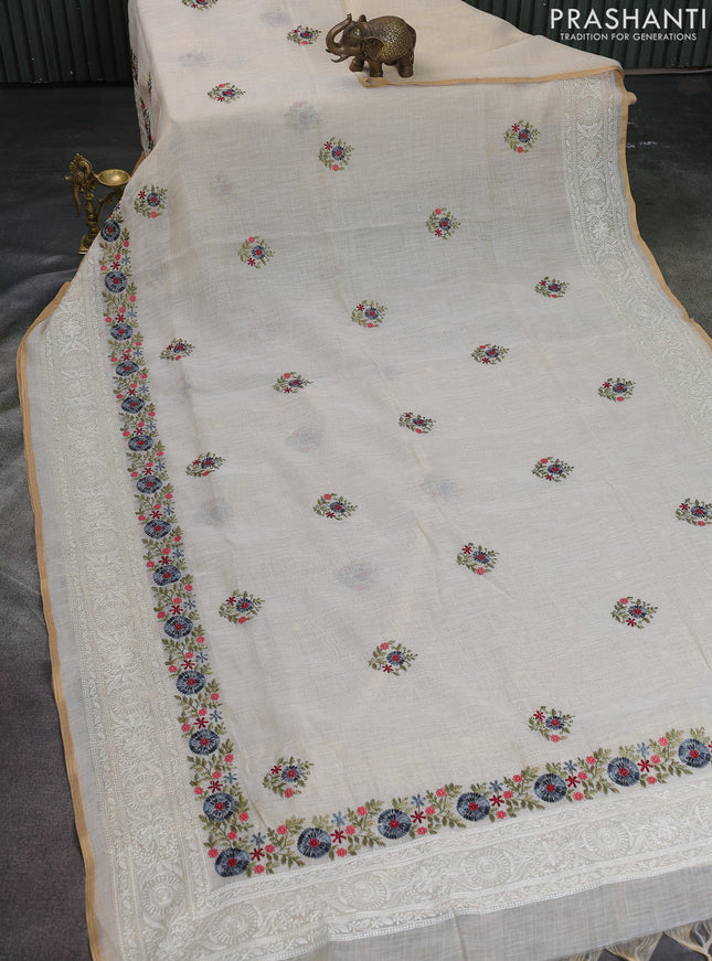 Linen cotton saree cream and grey with kantha stitch work and embroidered border