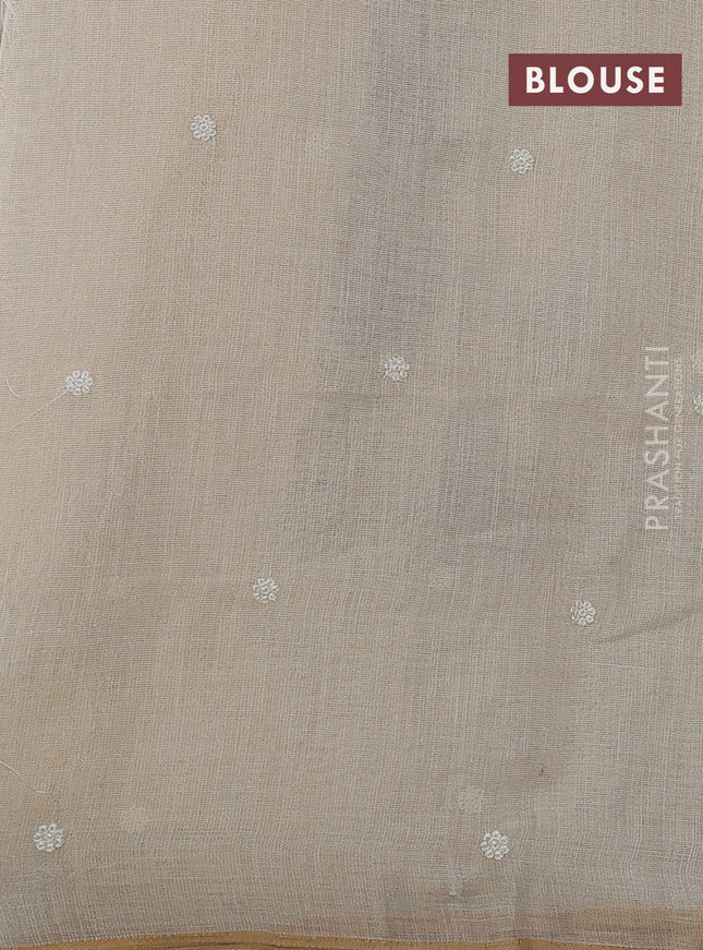Linen cotton saree cream and grey with kantha stitch work and embroidered border