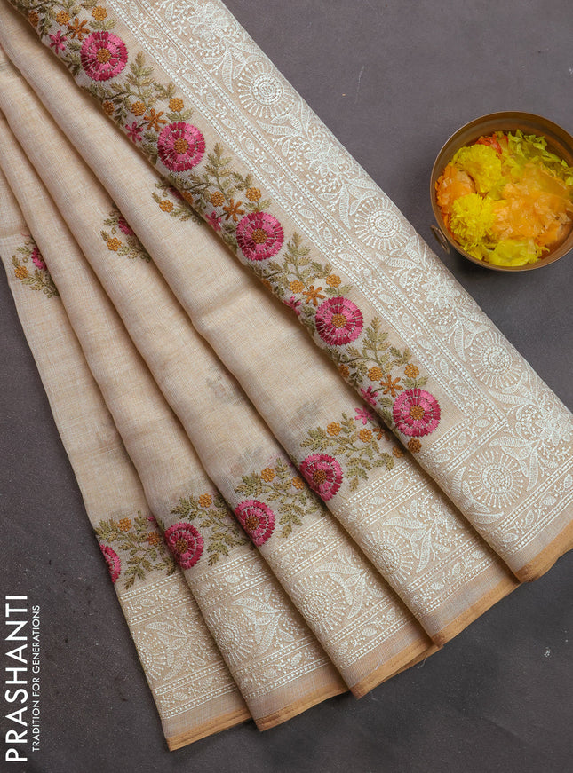 Linen cotton saree cream and pink with kantha stitch work and embroidered border