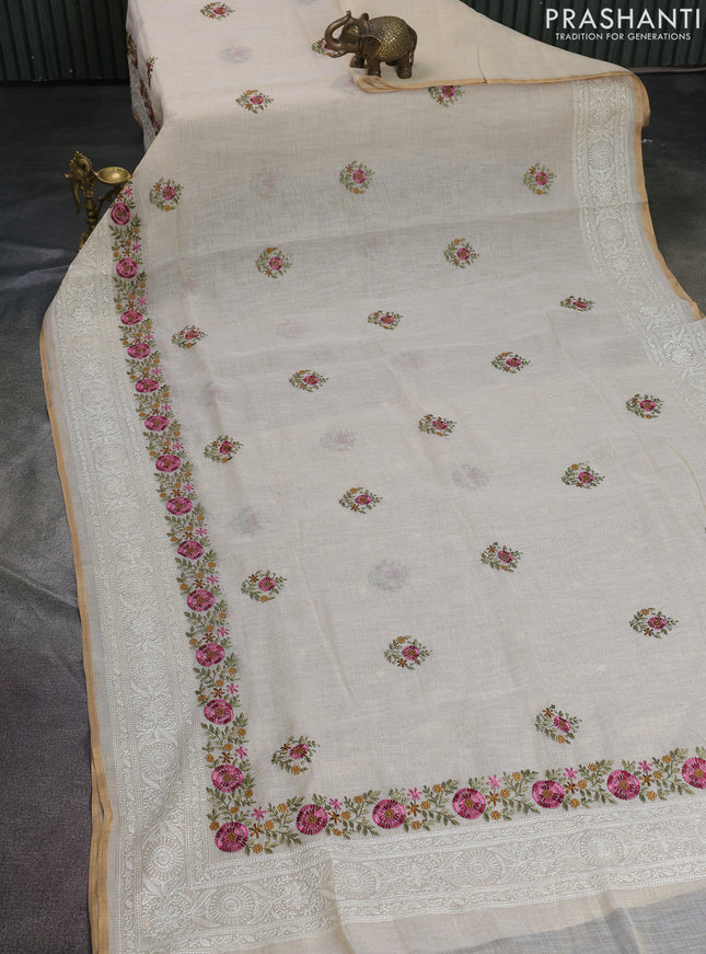 Linen cotton saree cream and pink with kantha stitch work and embroidered border