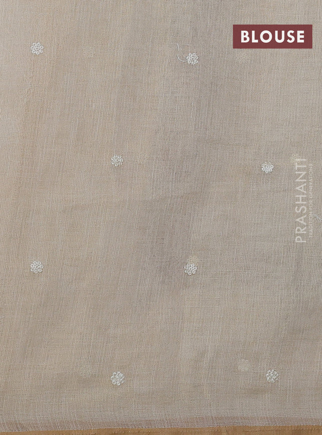 Linen cotton saree cream and pink with kantha stitch work and embroidered border