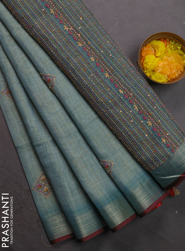 Linen cotton saree teal blue and maroon with kantha stitch work and zari woven border