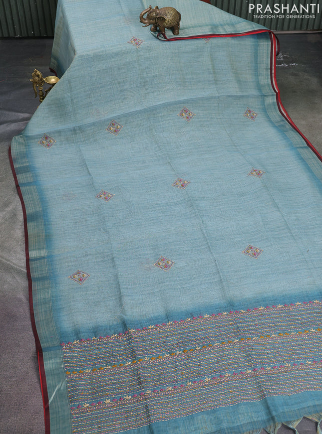 Linen cotton saree teal blue and maroon with kantha stitch work and zari woven border