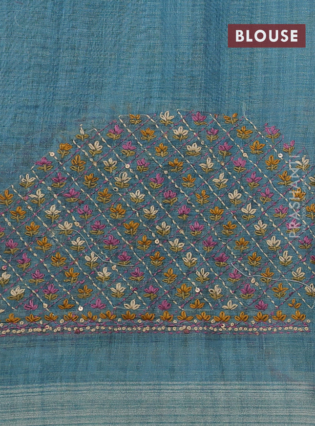 Linen cotton saree teal blue and maroon with kantha stitch work and zari woven border