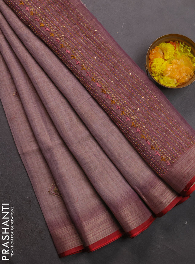 Linen cotton saree pastel purple and maroon with kantha stitch work and zari woven border