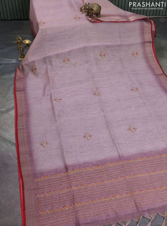 Linen cotton saree pastel purple and maroon with kantha stitch work and zari woven border
