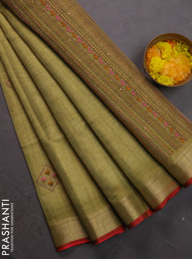 Linen cotton saree light green and maroon with kantha stitch work and zari woven border