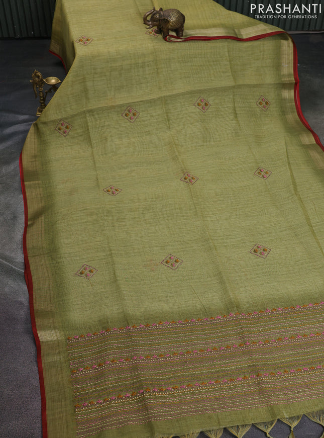 Linen cotton saree light green and maroon with kantha stitch work and zari woven border