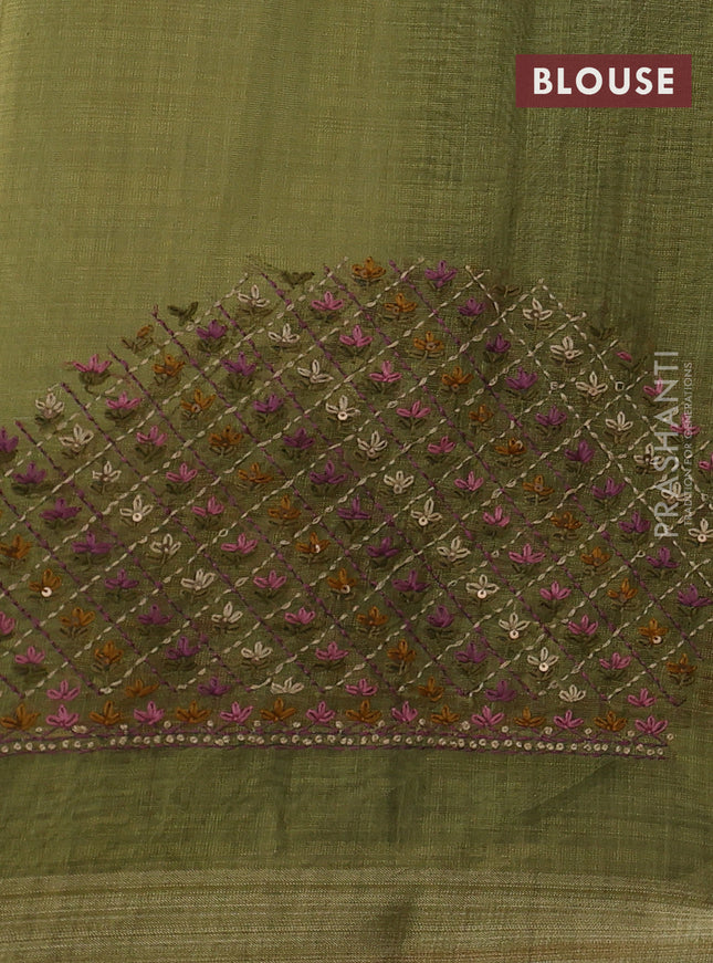 Linen cotton saree light green and maroon with kantha stitch work and zari woven border