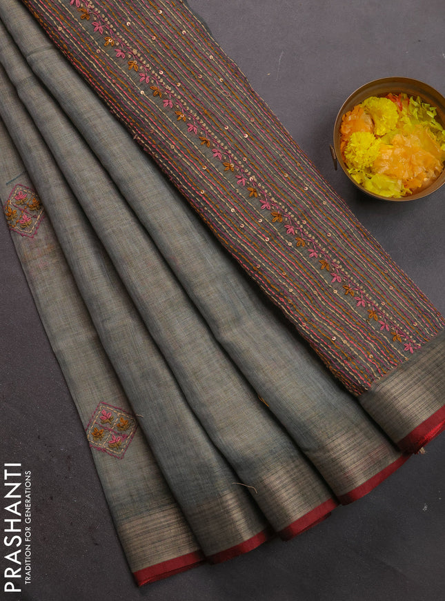 Linen cotton saree grey and maroon with kantha stitch work and zari woven border
