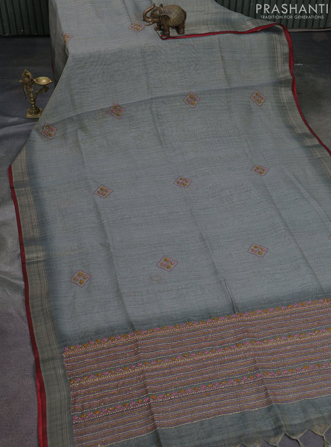 Linen cotton saree grey and maroon with kantha stitch work and zari woven border