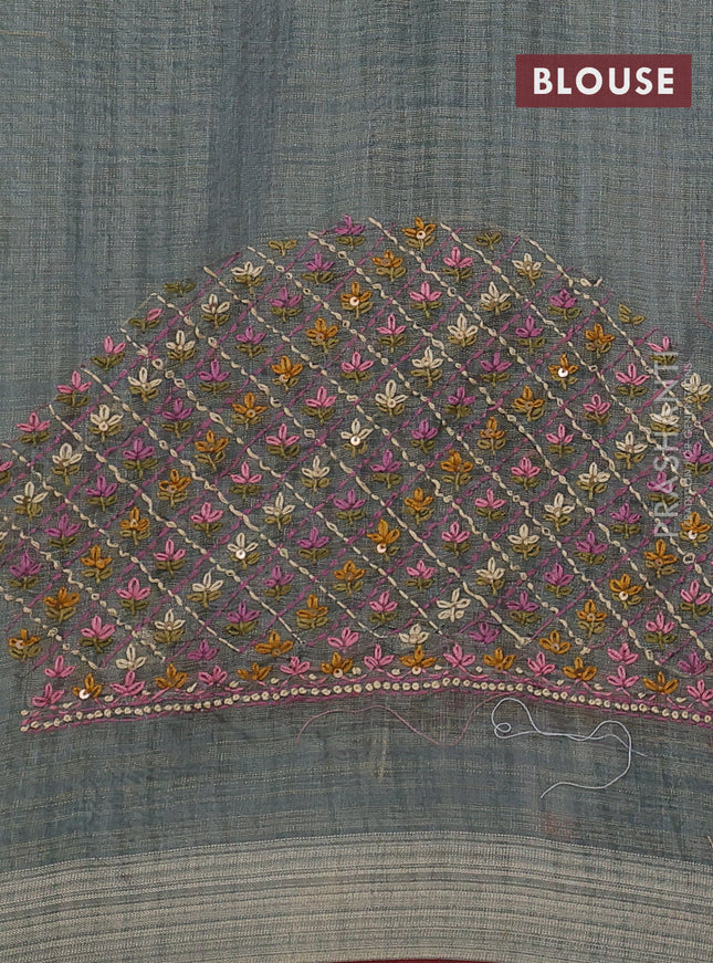 Linen cotton saree grey and maroon with kantha stitch work and zari woven border