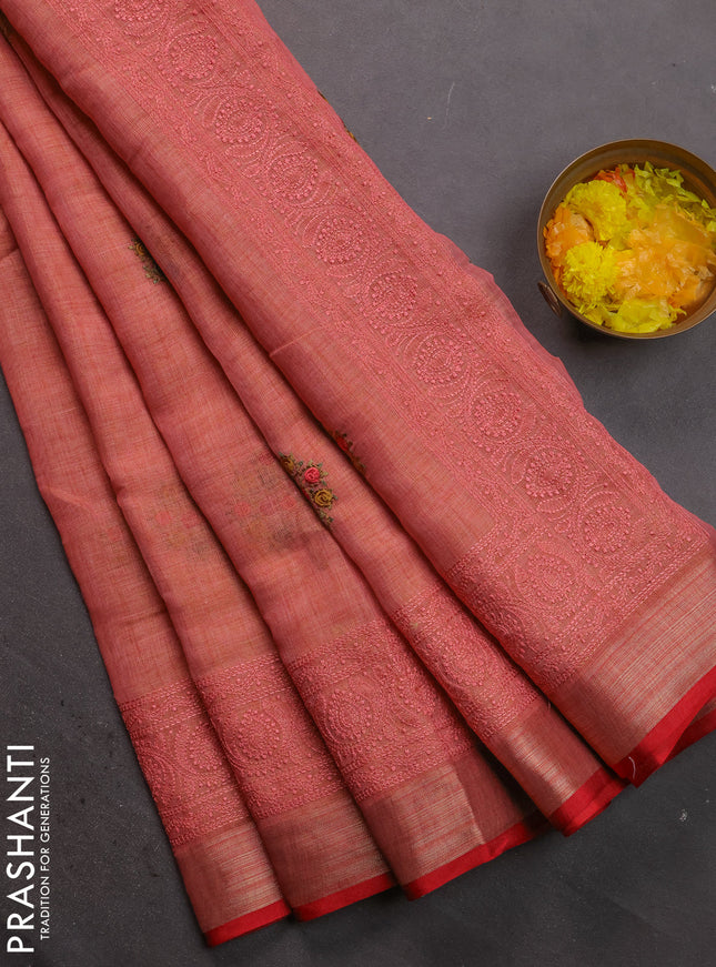Linen cotton saree peach orange with kantha stitch work and embroidered zari border
