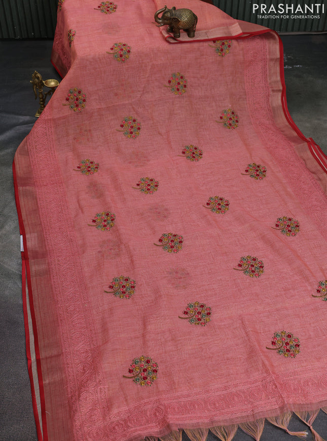 Linen cotton saree peach orange with kantha stitch work and embroidered zari border
