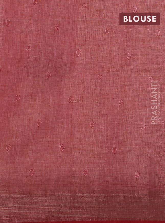 Linen cotton saree peach orange with kantha stitch work and embroidered zari border