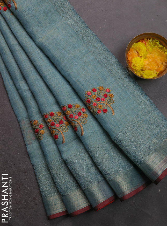 Linen cotton saree pastel blue with kantha stitch work and embroidered zari border