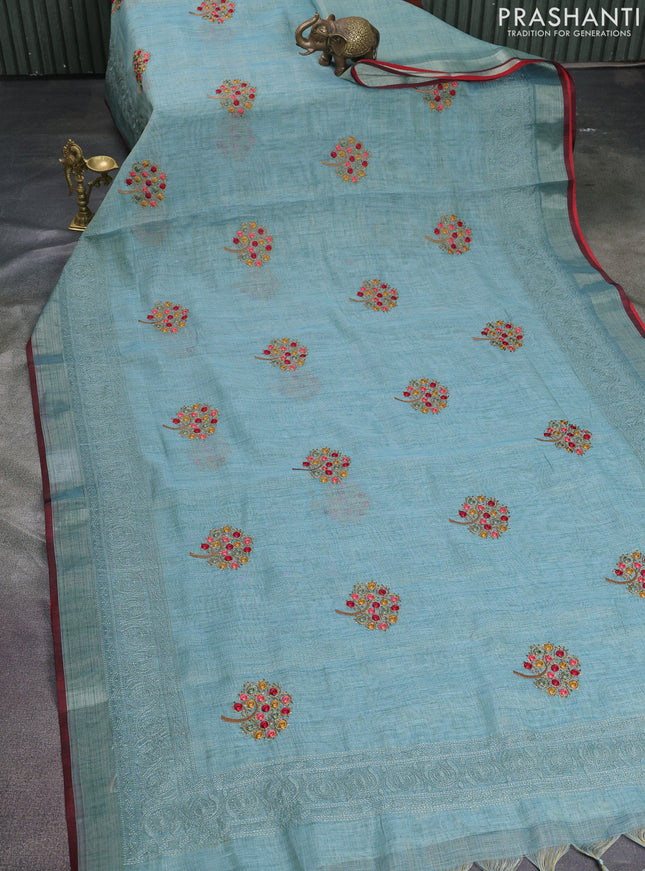 Linen cotton saree pastel blue with kantha stitch work and embroidered zari border