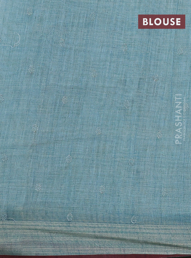 Linen cotton saree pastel blue with kantha stitch work and embroidered zari border