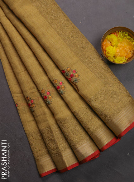 Linen cotton saree mustard green with kantha stitch work and embroidered zari border