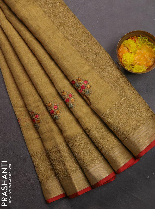 Linen cotton saree mustard green with kantha stitch work and embroidered zari border