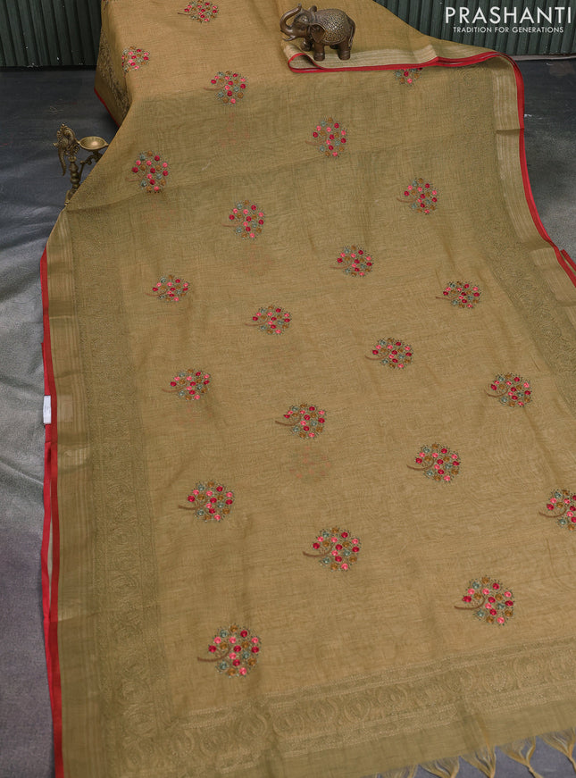 Linen cotton saree mustard green with kantha stitch work and embroidered zari border
