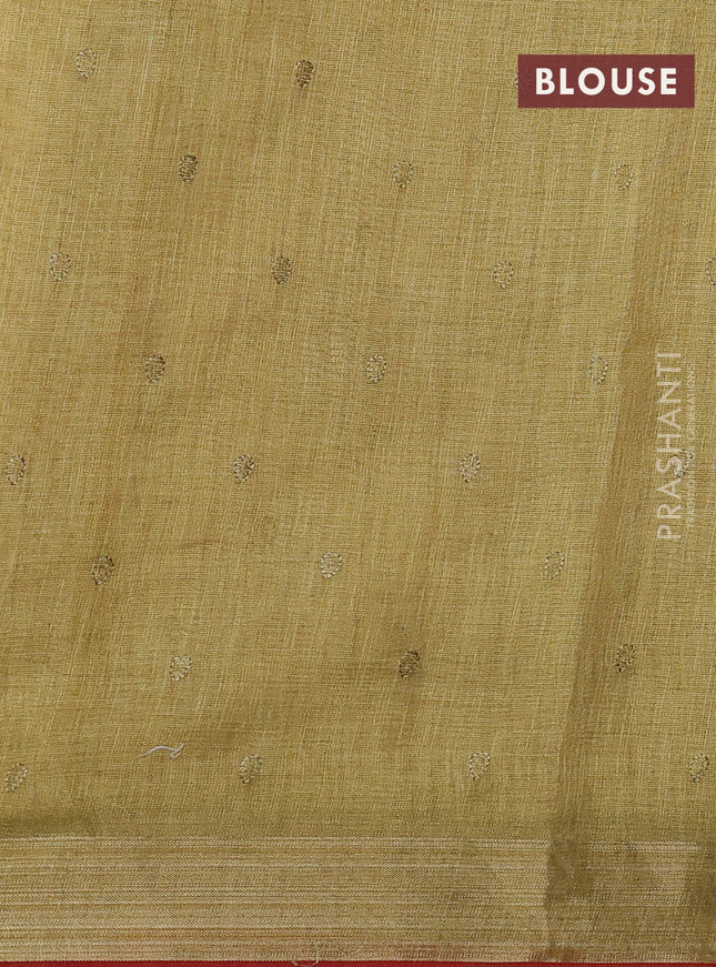 Linen cotton saree mustard green with kantha stitch work and embroidered zari border