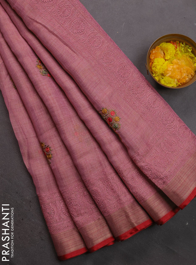 Linen cotton saree pastel pink with kantha stitch work and embroidered zari border