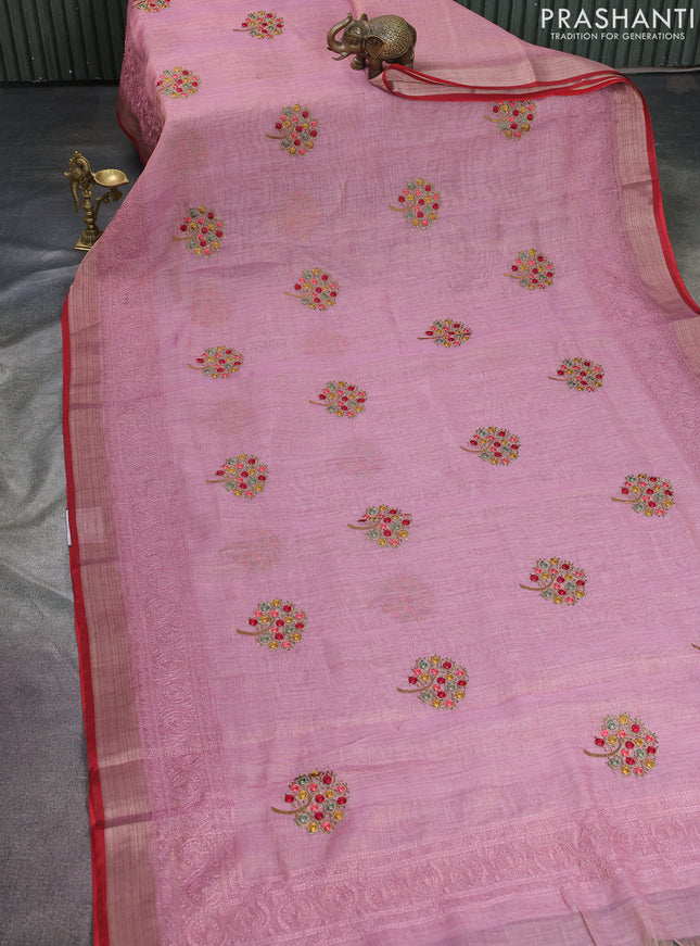Linen cotton saree pastel pink with kantha stitch work and embroidered zari border