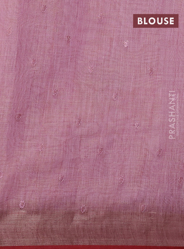 Linen cotton saree pastel pink with kantha stitch work and embroidered zari border