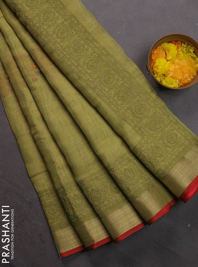 Linen cotton saree light green with kantha stitch work and embroidered zari border