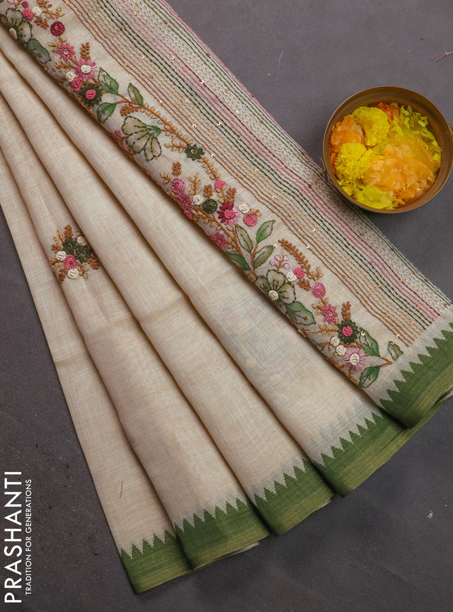 Linen cotton saree cream and green with kantha stitch work and zari woven border