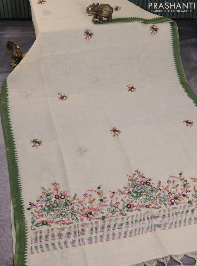 Linen cotton saree cream and green with kantha stitch work and zari woven border