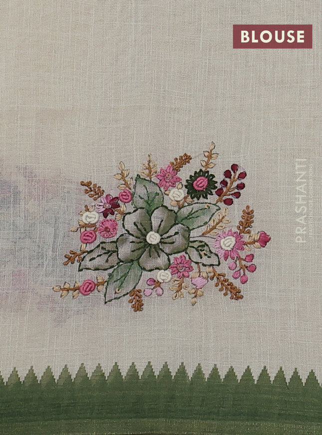 Linen cotton saree cream and green with kantha stitch work and zari woven border