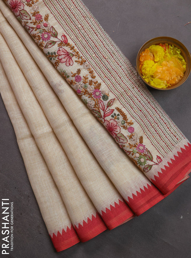 Linen cotton saree cream and pink shade with kantha stitch work and zari woven border
